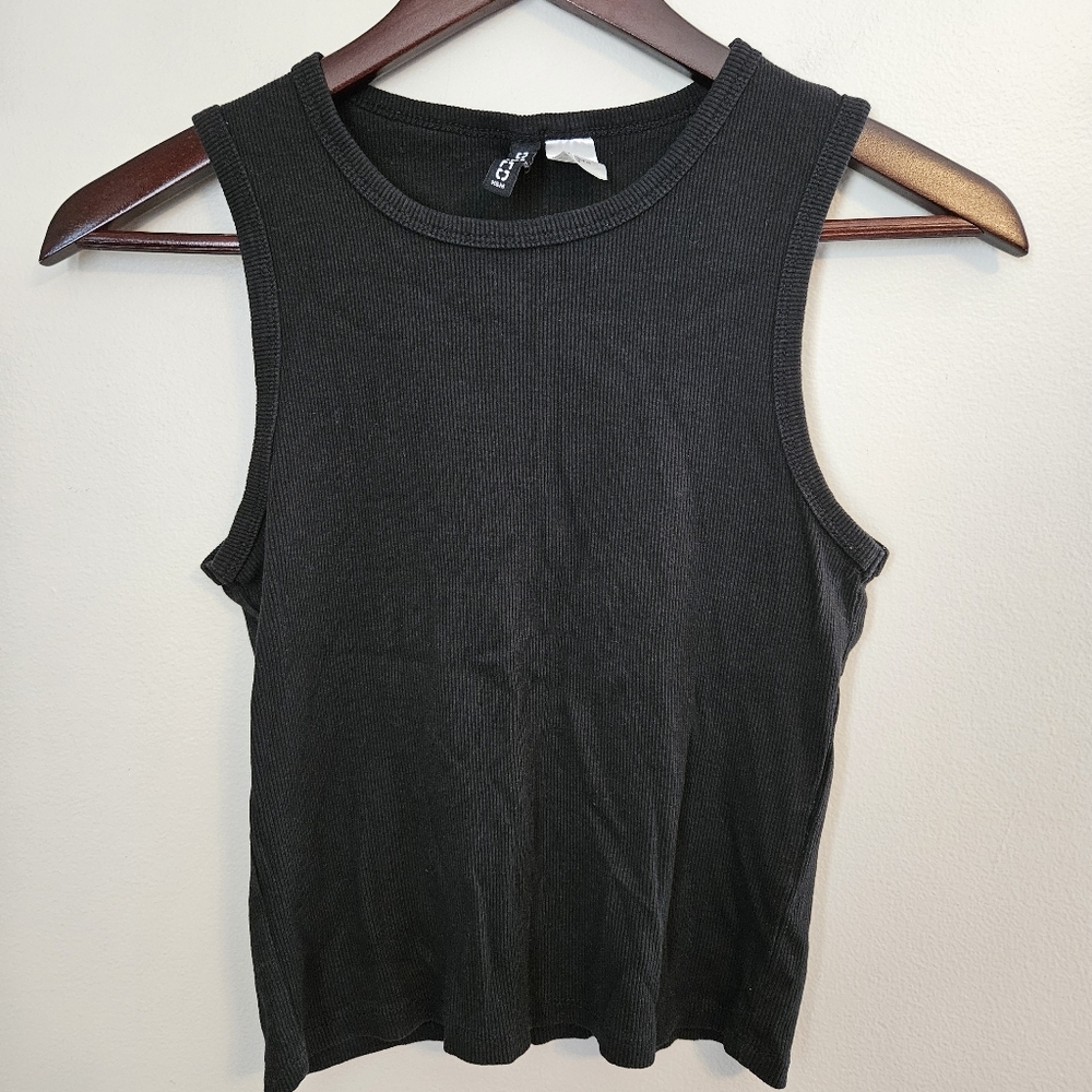 Divided Tank Top Black Ribbed Sleeveless Casual Neutral Classic Staple